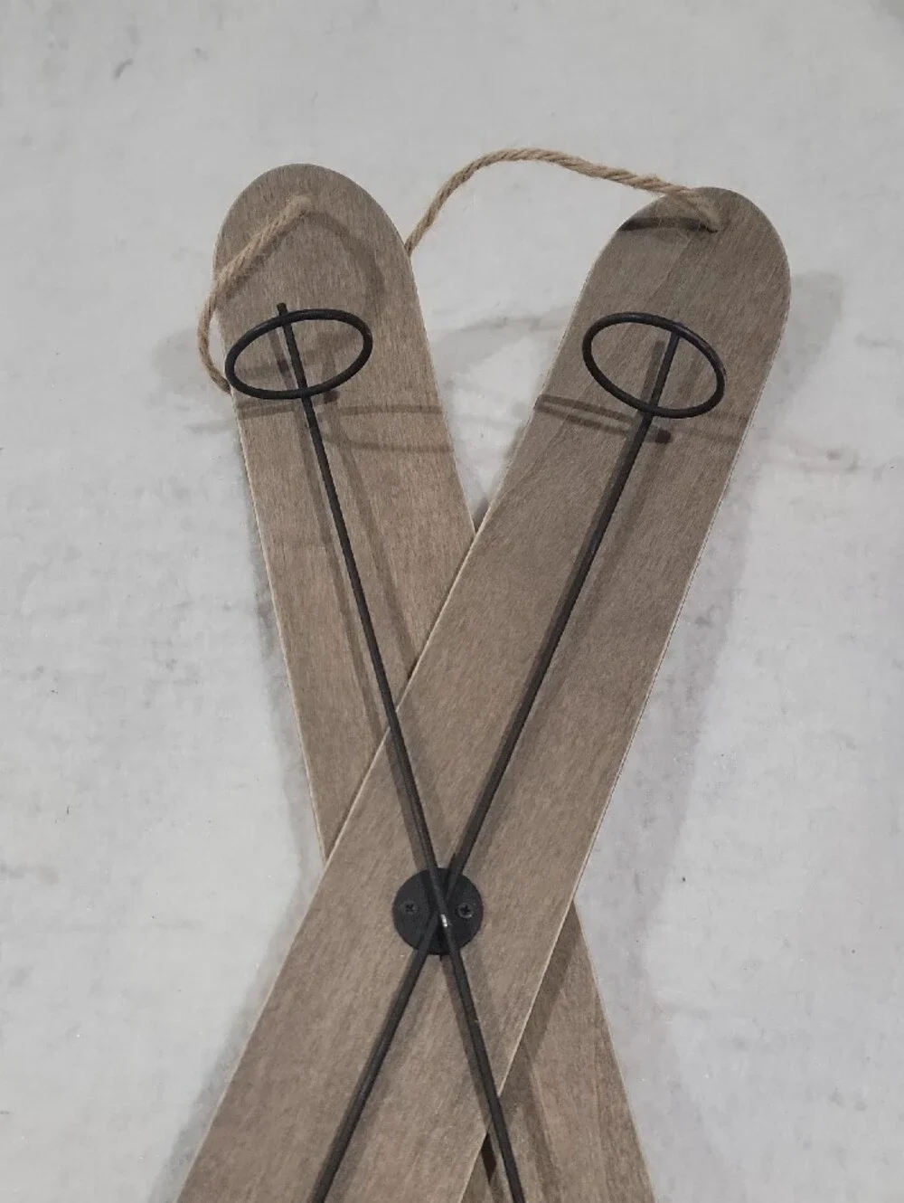 Rustic Wooden Ski Wall Accent in Brown Black Ski Poles Winter Holiday